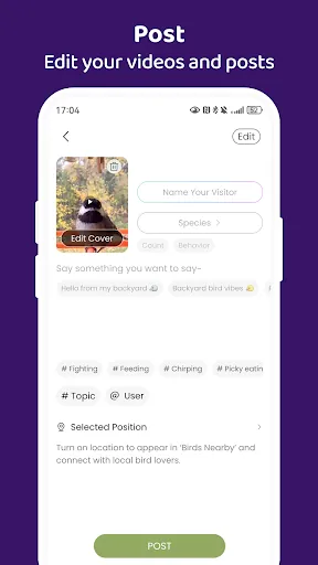 COOLFLY mobile app screen for editing a bird video or community post