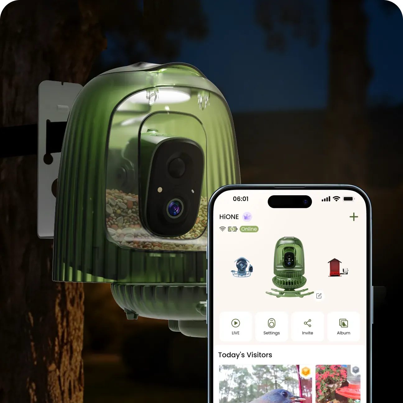 A green COOLFLY bird feeder camera and its mobile control dashboard